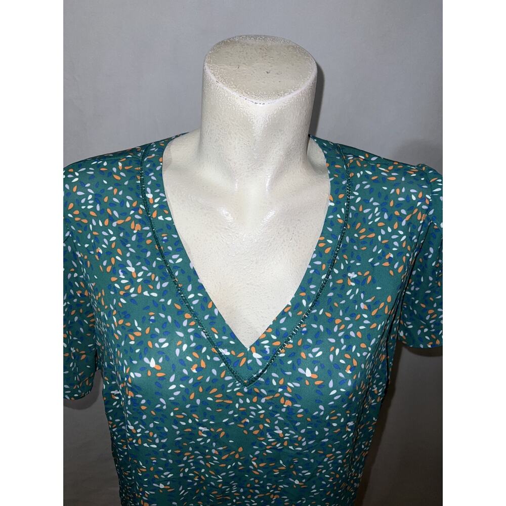 New 41 HAWTHORN Top Size 1X Green Orange Print Tulip Short Sleeve Blouse Tunic - Picture 2 of 6